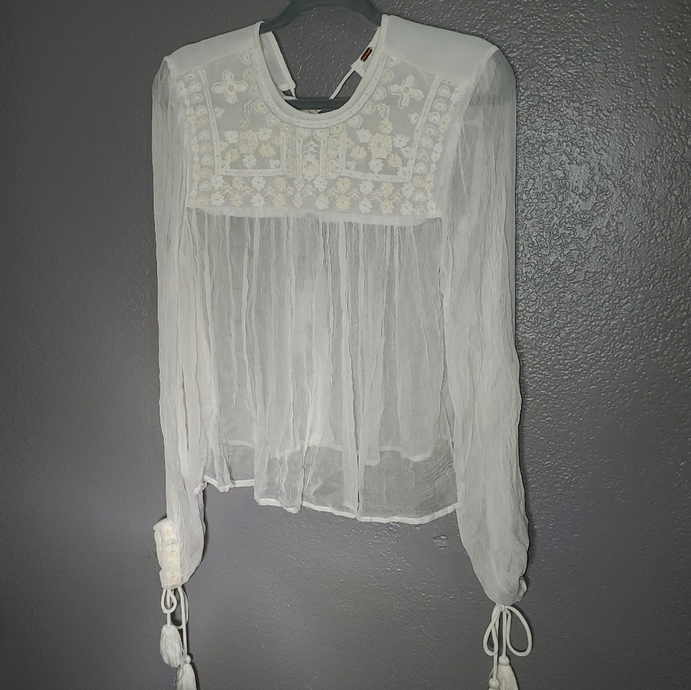 Free People Blouse sz Sm Sheer Embroidered beaded Long sleeve Cream